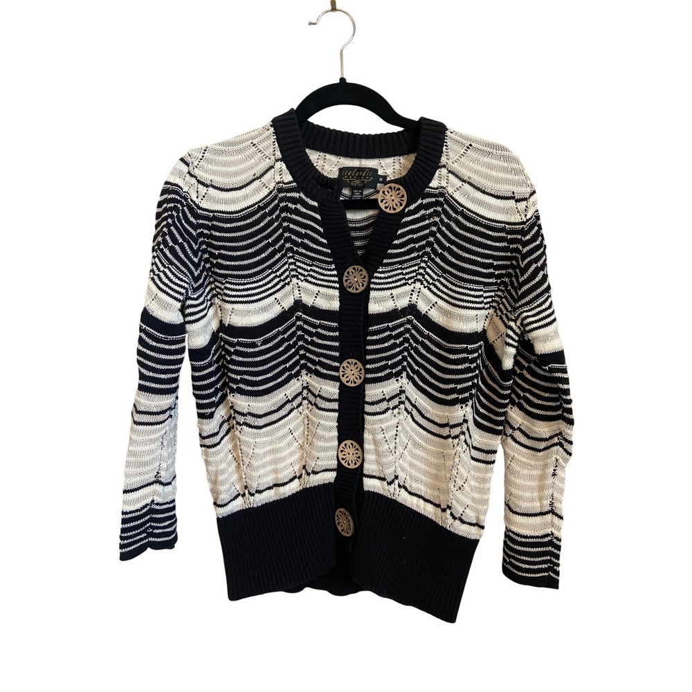 Icelandic Design Black White Chevron Knit Cardigan Wood Buttons Silk Blend‎ M